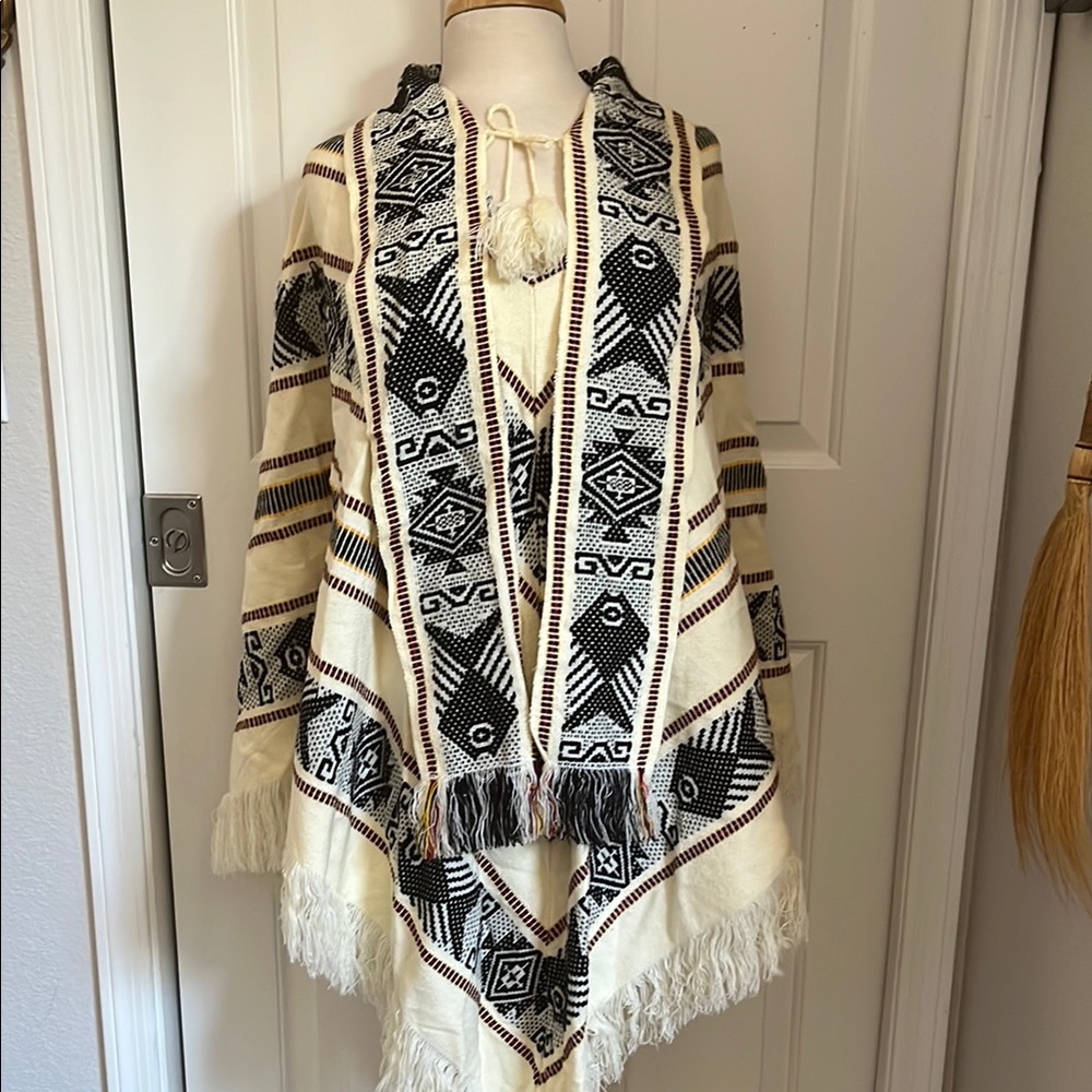Cream and Black Geometric Poncho Shrug with Fringe
